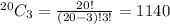 ^{20}C_3= \frac{20!}{(20-3)!3!}=1140