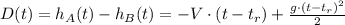 D(t) = h_A(t) - h_B (t) = - V \cdot (t-t_r) + \frac{g \cdot (t-t_r)^2}{2}