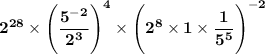 \mathbf{2^{28} \times \Bigg(\dfrac{5^{- 2}}{2^3} \Bigg)^4 \times \Bigg(2^8 \times 1 \times \dfrac{1}{5^5} \Bigg)^{- 2}}