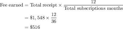 \begin{aligned}\text{Fee earned}&=\text{Total\:receipt}\times\frac{12}{\text{Total subscriptions months}}\\&=\$1,548\times\frac{12}{36}\\&=\$516 \end{aligned}