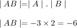 \mid AB\mid=\mid A\mid.\mid B\mid\\\\\mid AB\mid=-3\times 2=-6