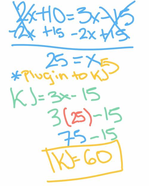 Hk is the perpendicular bisector of gj. what is kj?   the answer is 60, but how?  can someone  expla