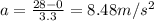 a=\frac{28-0}{3.3}=8.48m/s^2