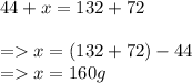 44+x= 132+ 72\\\\= x= (132+72)-44\\=x= 160g