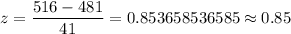 z=\dfrac{516-481}{41}=0.853658536585\approx0.85