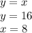 y = x \\ y = 16 \\ x = 8