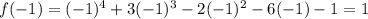 f(-1) = (-1)^4 + 3(-1)^3 - 2(-1)^2 - 6(-1) - 1= 1