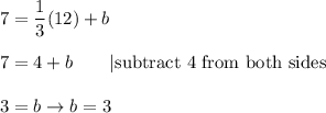 7=\dfrac{1}{3}(12)+b\\\\7=4+b\qquad|\text{subtract 4 from both sides}\\\\3=b\to b=3