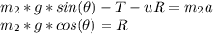 m_2 *g* sin(\theta) - T - uR = m_2 a \\m_2 *g* cos(\theta) = R \\