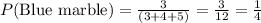 P(\text{Blue marble})=\frac{3}{(3+4+5)} =\frac{3}{12} =\frac{1}{4}