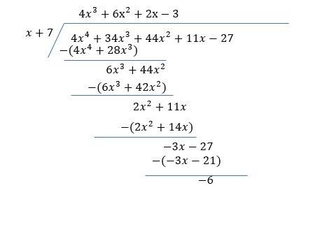 (4x^4+34x^3+44x^2+11x-27)/(x+7) dividing polynomials