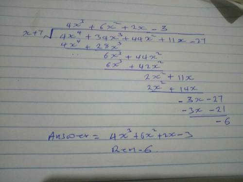 (4x^4+34x^3+44x^2+11x-27)/(x+7) dividing polynomials