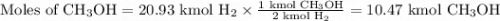 \text{Moles of CH$_{3}$OH} = \text{20.93 kmol H}_{2} \times \frac{\text{1 kmol CH$_{3}$OH}}{\text{2 kmol H}_{2}} = \text{10.47 kmol CH$_{3}$OH}