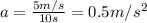 a=\frac{5 m/s}{10 s}=0.5 m/s^2