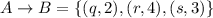 A\rightarrow B=\{(q,2),(r,4),(s,3)\}