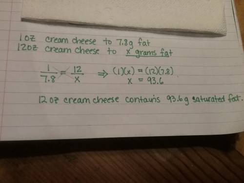 A​ 1-ounce serving of cream cheese contains 7.8 grams of saturated fat. how much saturated fat is in
