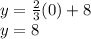 y =\frac{2}{3}(0) +8\\y = 8