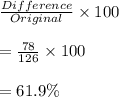 \frac{Difference}{Original}\times 100\\\\=\frac{78}{126}\times 100\\\\=61.9\%