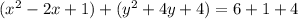 (x^2-2x+1)+(y^2+4y+4)=6+1+4