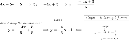\bf 4x+5y=5\implies 5y=-4x+5\implies y=\cfrac{-4x+5}{5}\\\\\\\stackrel{\textit{distributing the denominator}}{y=\cfrac{-4x}{5}+\cfrac{5}{5}}\implies \stackrel{slope}{y=\stackrel{\downarrow }{-\cfrac{4}{5}}x}+1\impliedby \begin{array}{|c|ll}\cline{1-1}slope-intercept~form\\\cline{1-1}\\y=\underset{y-intercept}{\stackrel{slope\qquad }{\stackrel{\downarrow }{m}x+\underset{\uparrow }{b}}}\\\\\cline{1-1}\end{array}