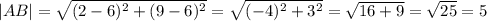 |AB|=\sqrt{(2-6)^2+(9-6)^2}=\sqrt{(-4)^2+3^2}=\sqrt{16+9}=\sqrt{25}=5