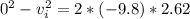 0^2 - v_i^2 = 2 * (-9.8)* 2.62