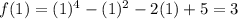 f(1)=(1)^4-(1)^2-2(1)+5=3