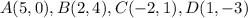 A(5,0), B(2,4), C(-2,1),D(1,-3)