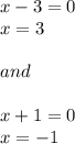 x-3=0\\x=3\\ \\and\\ \\ x+1=0\\ x=-1