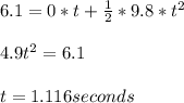 6.1= 0*t+\frac{1}{2} *9.8*t^2\\ \\ 4.9t^2=6.1\\ \\ t=1.116 seconds