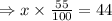 \Rightarrow x \times\frac{55}{100} =44