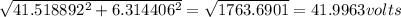 \sqrt{41.518892^{2} +6.314406^{2} }=\sqrt{1763.6901}=41.9963volts