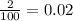 \frac{2}{100}=0.02