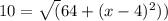 10=\sqrt(64 + (x-4)^2))