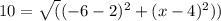 10=\sqrt((-6-2)^2 + (x-4)^2))