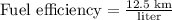 \text{Fuel efficiency}=\frac{\text{12.5 km}}{\text{liter}}