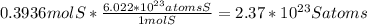 0.3936mol S *\frac{6.022*10^{23}atoms S}{1 mol S}=2.37*10^{23} S atoms