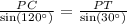 \frac{PC}{\text{sin}(120^{\circ})}=\frac{PT}{\text{sin}(30^{\circ})}