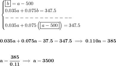 \bf \begin{cases}&#10;\boxed{b}=a-500\\&#10;0.035a+0.075b=347.5\\&#10;--------------\\&#10;0.035a+0.075\left( \boxed{a-500} \right)=347.5&#10;\end{cases}&#10;\\\\\\&#10;0.035a+0.075a-37.5=347.5\implies 0.110a=385&#10;\\\\\\&#10;a=\cfrac{385}{0.11}\implies a=3500