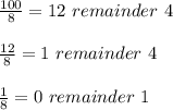 \frac{100}{8} =12 \ remainder \ 4 \\ \\ \frac{12}{8} =1 \ remainder \ 4 \\ \\ \frac{1}{8} =0 \ remainder \ 1