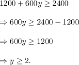 1200+600y\geq 2400\\\\\Rightarrow 600y\geq 2400-1200\\\\\Rightarrow 600y\geq 1200\\\\\Rightarrow y\geq 2.