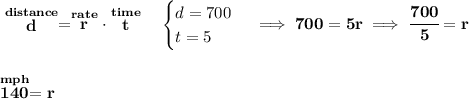 \bf \stackrel{distance}{d}=\stackrel{rate}{r}\cdot \stackrel{time}{t}\quad &#10;\begin{cases}&#10;d=700\\&#10;t=5&#10;\end{cases}\implies 700=5r\implies \cfrac{700}{5}=r&#10;\\\\\\&#10;\stackrel{mph}{140}=r