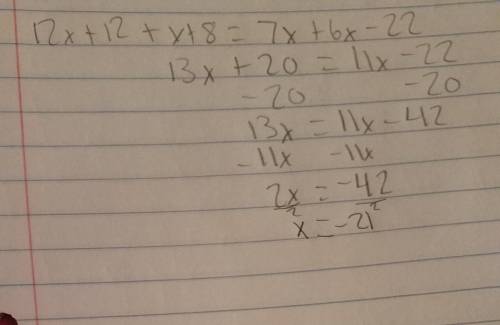 3(4x+4)+(x+8)=7x-2 (-3x+11) what does x equal?