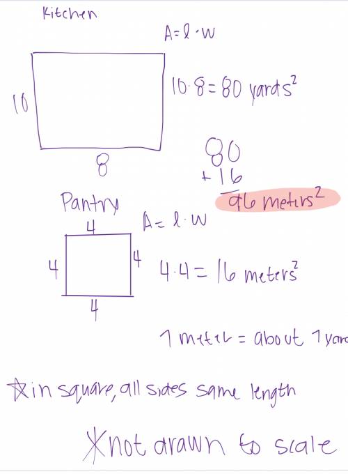 Akitchen is 10 years white in 8 years long attached to the kitchen is a square pantry that is 4 mete