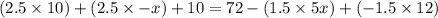 (2.5 \times 10) + (2.5 \times -x) + 10 = 72 - (1.5 \times 5x) + (-1.5 \times 12)