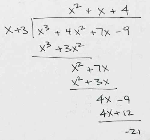 F(x)=(x^3+4x^2+7x-9) d(x)=(x+3) divide using long division