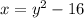 x = y^2 - 16