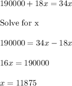 190000+18x=34x\\\\\text{Solve for x}\\\\190000=34x-18x\\\\16x=190000\\\\x=11875