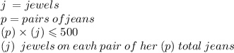 j \:  = jewels \\ p = pairs \: ofjeans\\  (p) \times (j)  \leqslant  500 \\ (j )\: \: jewels \: on \: eavh \: pair \: of \: her \: (p) \: total \: jeans