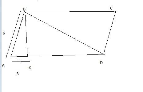 Given:  abcd ∥gram, bk ⊥ ad , ab ⊥ bd ab=6, ak=3 find:  m∠a, bk, a